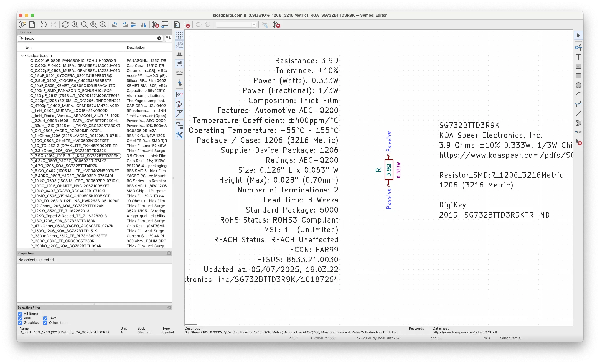 KiCad Library with extracted components showing organized symbol library with complete specifications
