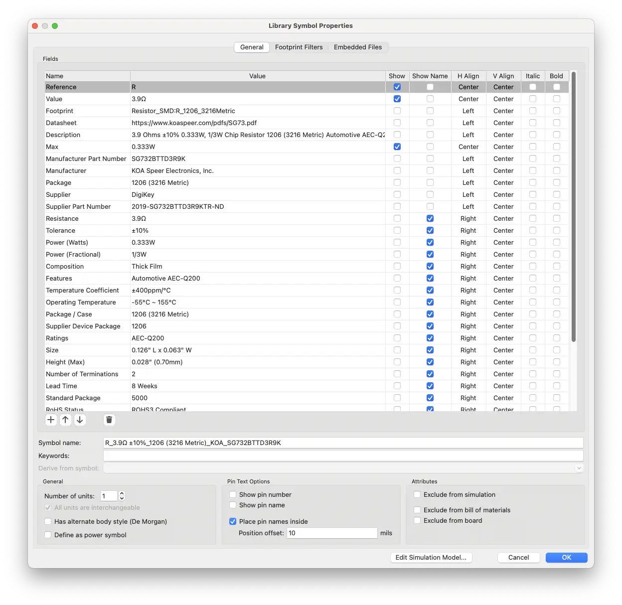 KiCad Symbol editor showing detailed component symbol with complete pin assignments and specifications